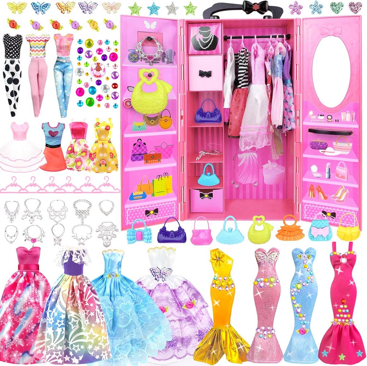 85 Delen Poppenkleding en Accessoires Set - Inclusief Kast en Jurken voor 30cm Pop