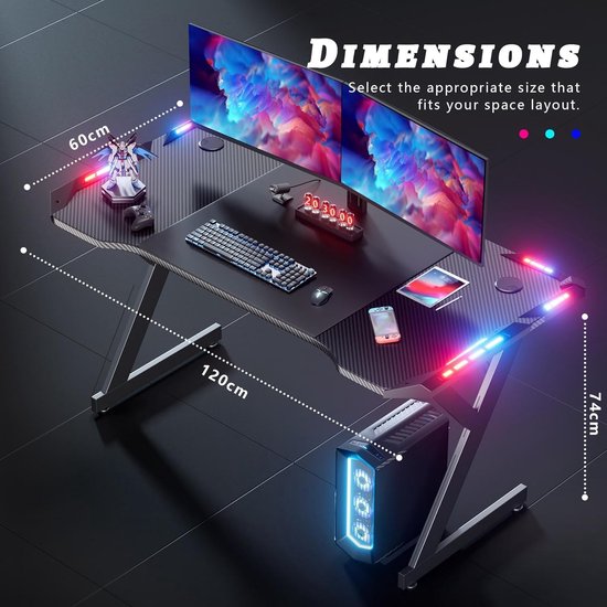 LED Gaming Bureau met Ergonomisch Ontwerp en Accessoires - 120x60 cm van Merkloos — afbeelding 3