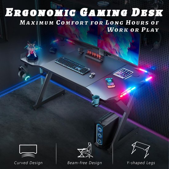 LED Gaming Bureau met Ergonomisch Ontwerp en Accessoires - 120x60 cm van Merkloos — afbeelding 2