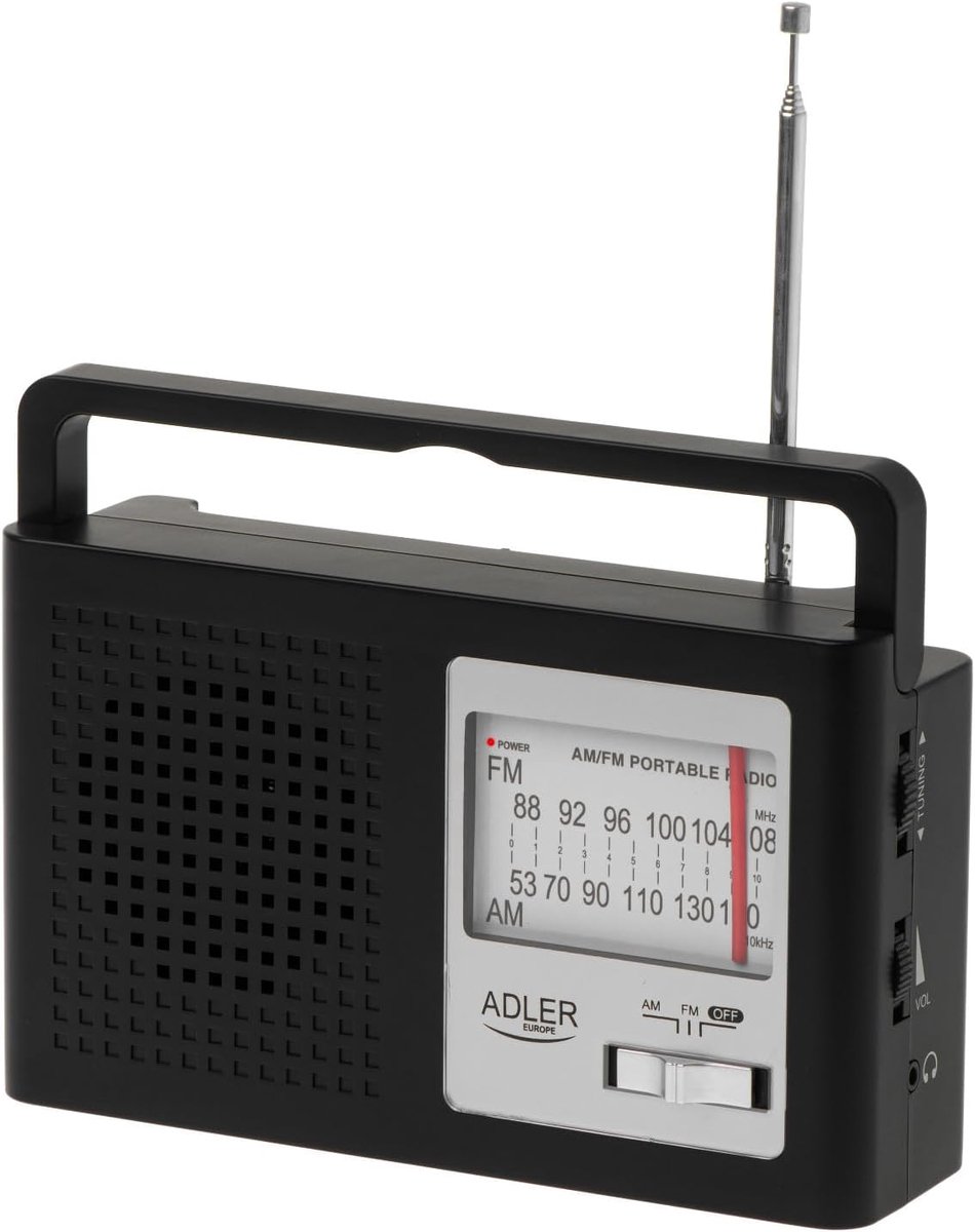 Draagbare AM/FM radio met grote draaiknop, telescopische antenne en AUX-ingang