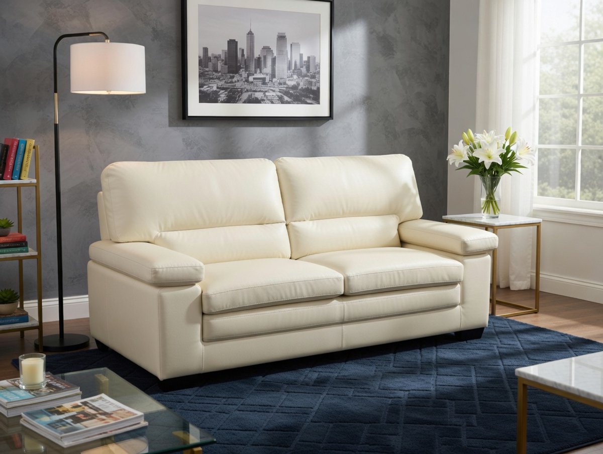 Driezitsbank 210 × 89 × 97 cm – Luxe Bank van Echt Buffelleer met Nosag Vering en Armleuningen – Moderne en Comfortabele 3-Zits Leren Bank – Ivoor – Aurora Premium – Bellavero