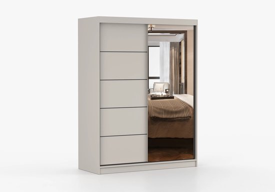 Witte kast met spiegelende schuifdeur en horizontale lijnen, gereflecteerd in de slaapkamer.