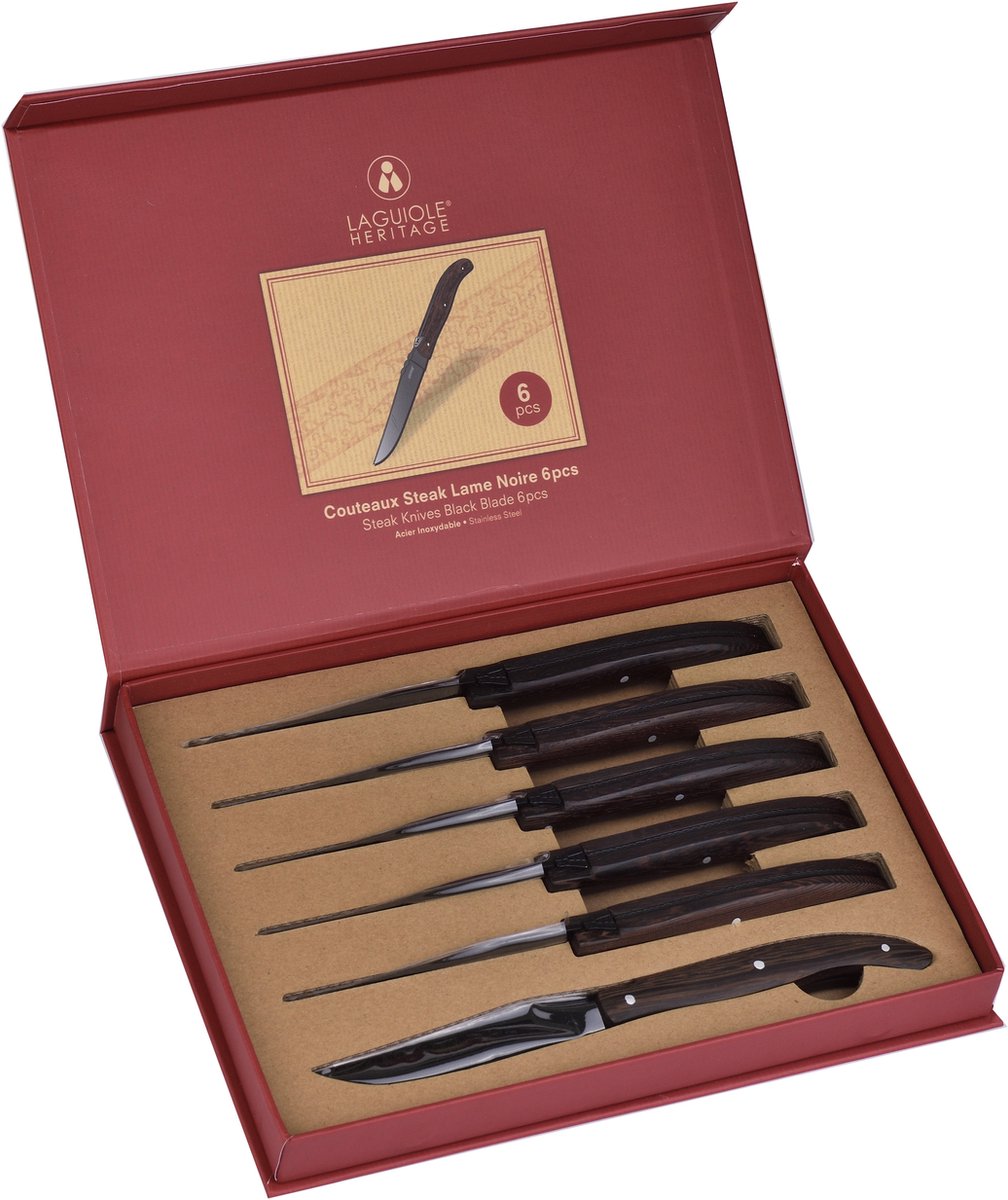 Laguiole Heritage Steakmessen Set – 6 Delig – Zwart RVS Lemmet – Luxe Steakmessen met Houten Handgreep – Premium Steak Messen – Geschenkdoos