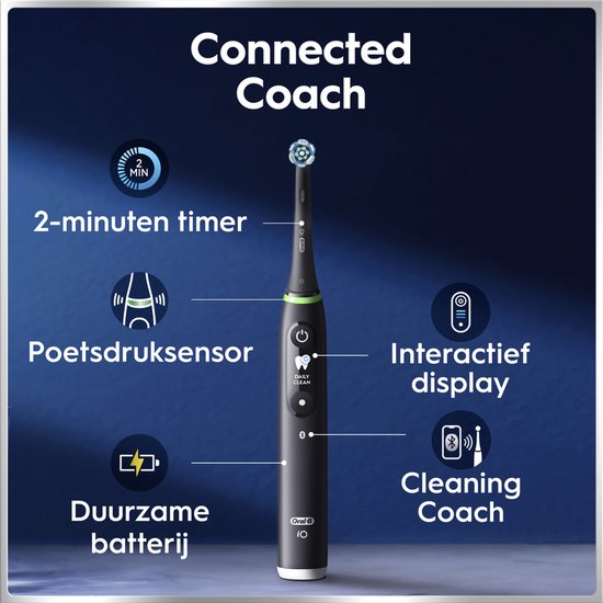 Illustratie van Oral-B iO tandenborstel met functies: timer, poetsdruksensor, interactief display en cleaning coach.