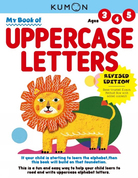 Kumon My Book of Uppercase Letters leerboek met een leeuw en de tekst 'My Book of Uppercase Letters'.