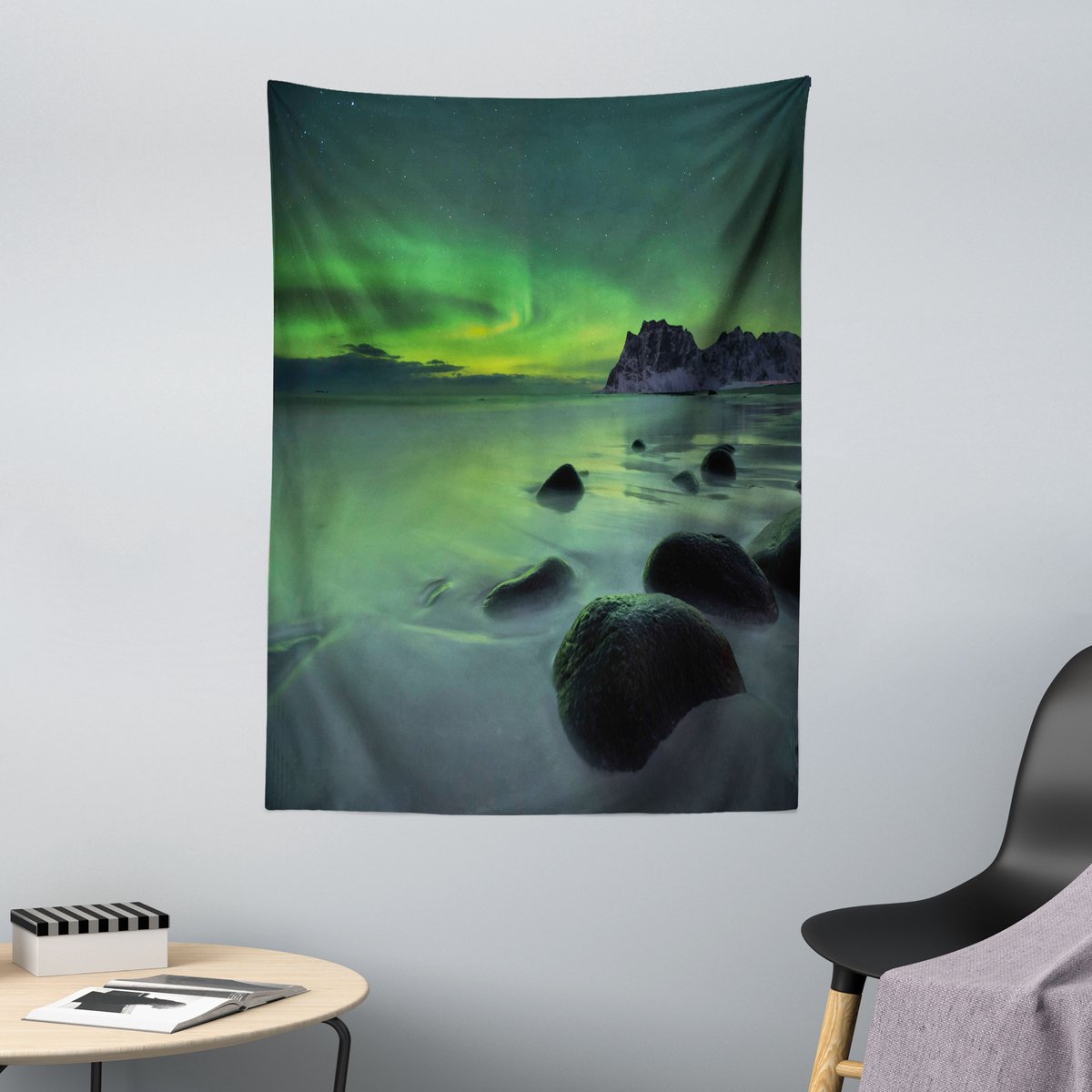 ABAKUHAUS Landschapstapijt, Magisch Natuurstrand, 110 x 150 cm, Limegroen Amandelgroen Lichtgroen Amandelgroen