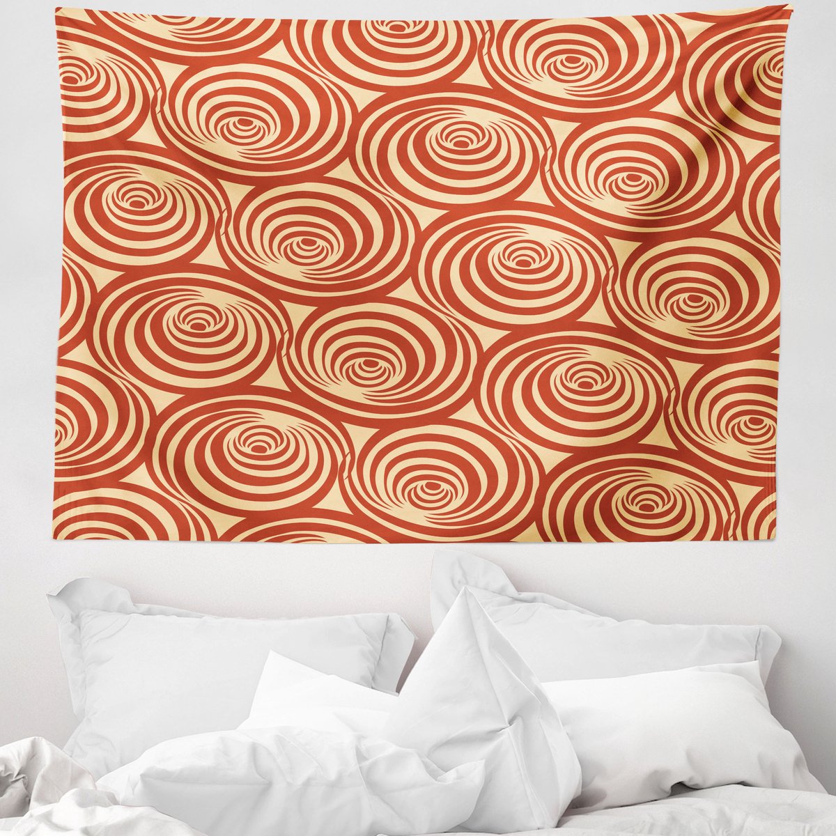 ABAKUHAUS Retro Wandtapijt en Sprei, Cirkelvormige Spiraalmotieven, 150 x 110 cm, Roestbruin en Lichtgeel