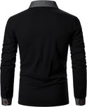Achterkant van een zwart poloshirt met lange mouwen, grijze kraag en manchetten.