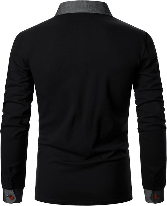 Achterkant van een zwart poloshirt met lange mouwen, grijze kraag en manchetten.