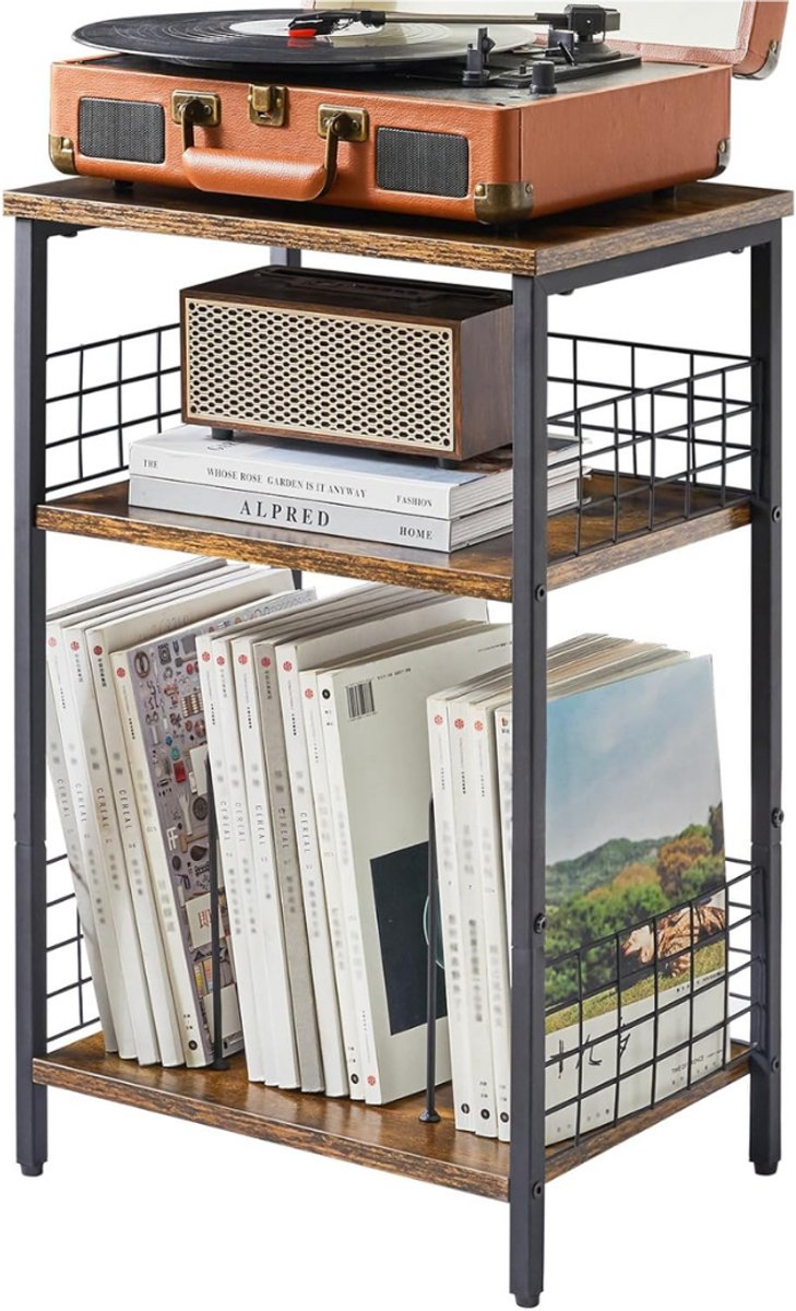 VIN® Platenspeler Meubel – Stand Platenspelerstandaard Met Vinyl Opbergvakken - Rustieke Platenopbergkasthouder - Draaitafelstandaard – 3 Laags Bijzettafel - 40 × 29 × 62,5 cm