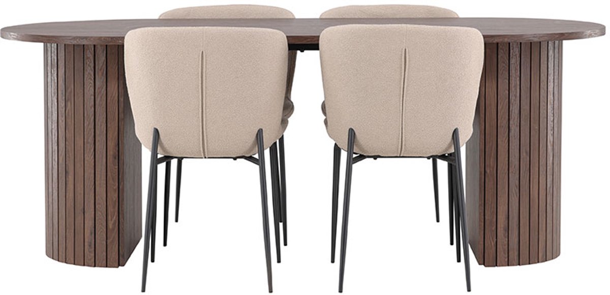 Härön eethoek tafel 90x200cm en 4 bouclé stoelen mocca.