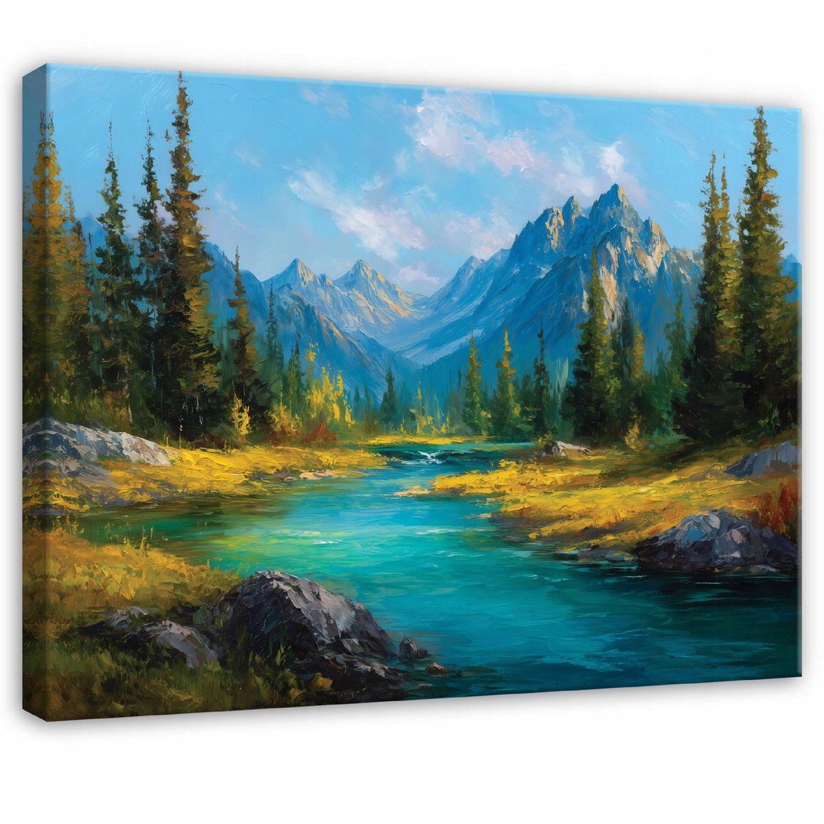 WALLARENA Schilderij op canvas - 40x30 cm - afbeelding van bergen, natuur, bos, rivier, landschap - Geschikt voor slaapkamer en woonkamer Veelkleurig