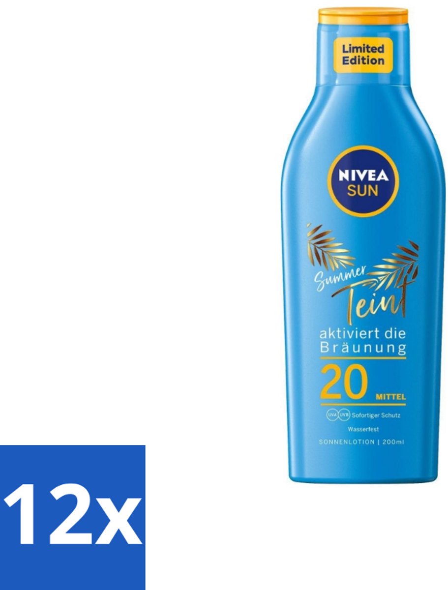12 x Nivea Sun – Zonnemelk – Zomerteint SPF 20 – 200 ml - Zonbescherming - Zomerteint - SPF 20 - Natuurlijke Bruining - Zonnemelk