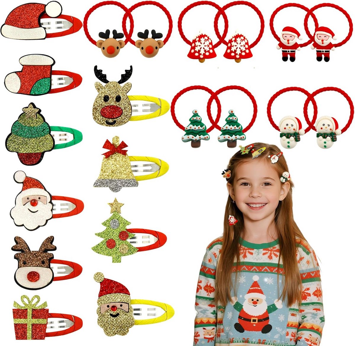 20 Stuks Kerst Haaraccessoires Clips en Elastiekjes Kinderen