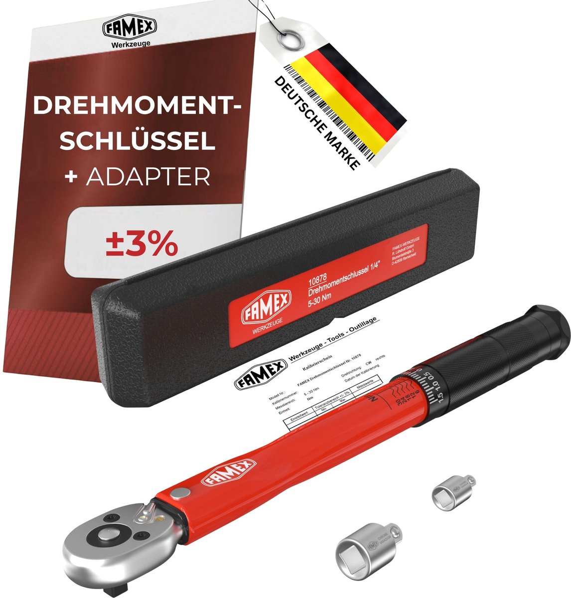 FAMEX 10878-2A Momentsleutel 1/4” - 5-30 Nm - gekalibreerd tot ±3%, Adapter, met kalibratiecertificaat, beide draairichtingen, voor fiets en voertuig