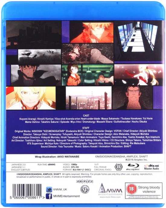 Achterkant van de Blu-ray van KIZUMONOGATARI PART 2 NEKKETSU met scènes uit de film en cast- en crewinformatie.