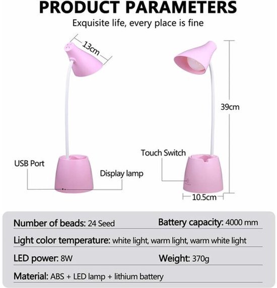 Tafellamp - Bureaulamp - Bureaulamp led - tafellamp oplaadbaar met 3 verlichtingsstanden en aanraaksensor, 360° draaibaar en dimbaar, geschikt voor lezen, studeren en werken (Roze ) — afbeelding 2