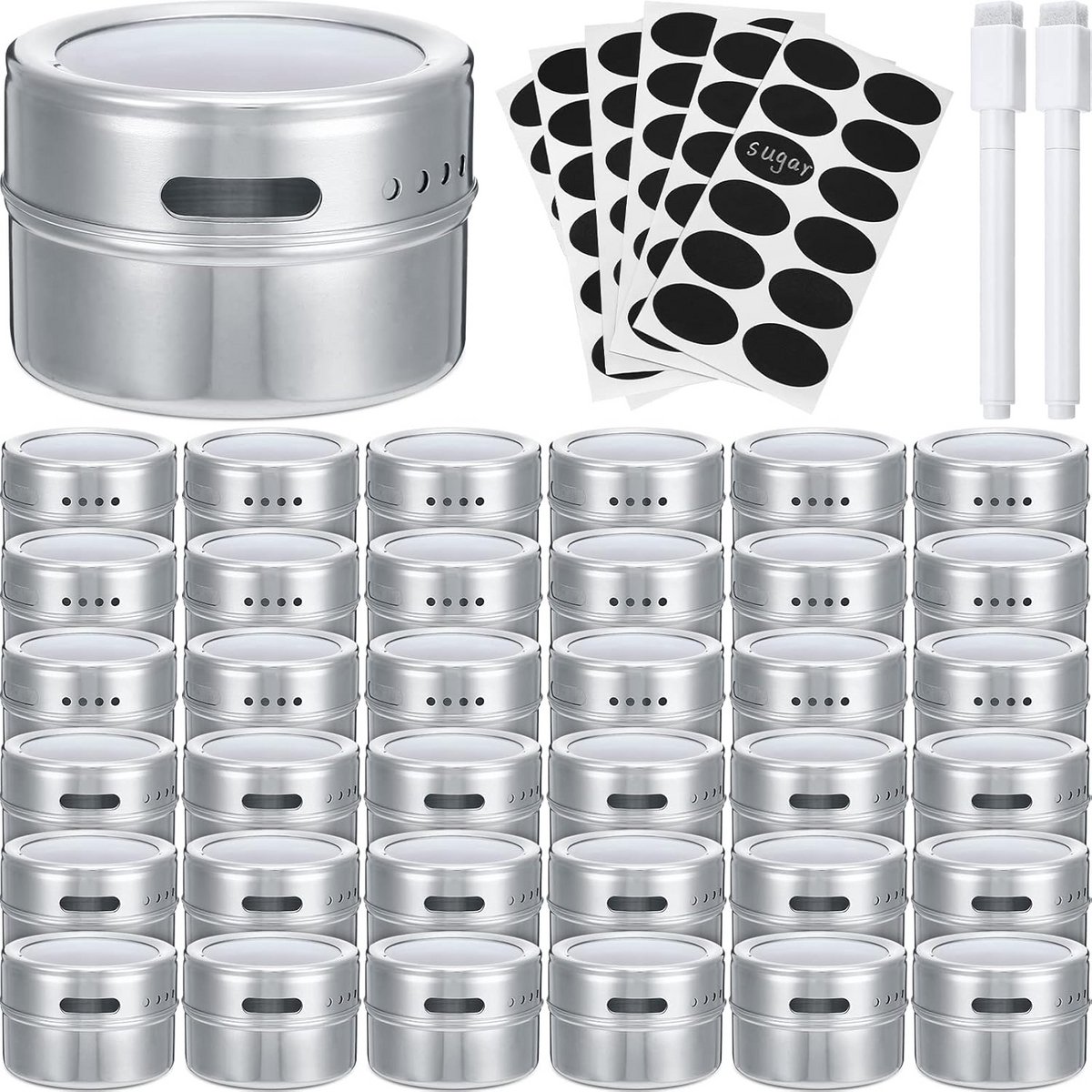 Set van 36 Magnetische Kruidenpotjes RVS met Etiketten - Ideaal voor Koelkast en BBQ