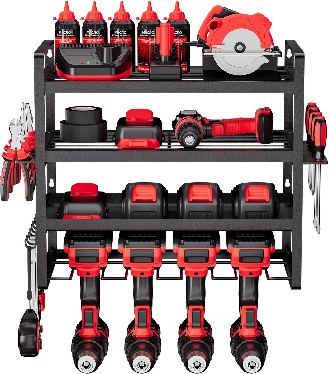 VEVOR Tool Storage Wall Mount, 4-laags opbergrek met 4 boorhouders, gereedschapshouder met schroevendraaierhouder, garagegereedschapsorganizer voor garage, werkbank en werkplaats