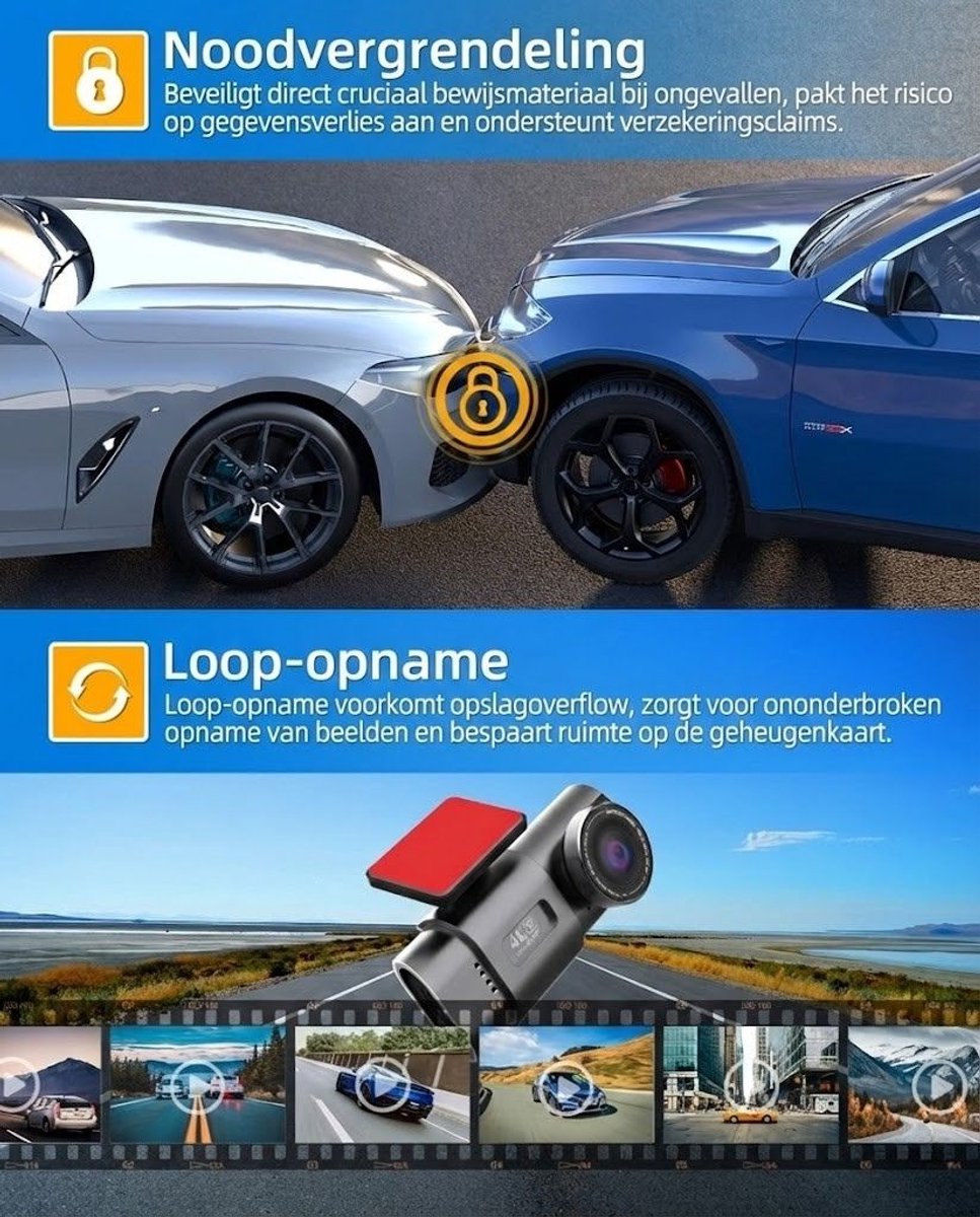 SNJY® Dashcam voor Auto - Auto Camera - Dashcam Voor en Achter Draadloos - 4K+1080P - 64 GB - 170°+140° Groot Gezichtsveld - Zwart – foto 4
