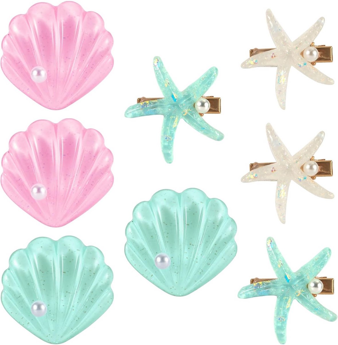 8-delige Zeemeermin Haarclips Set - Strikjes, Schelpen en Parels voor Strand & Feestjes