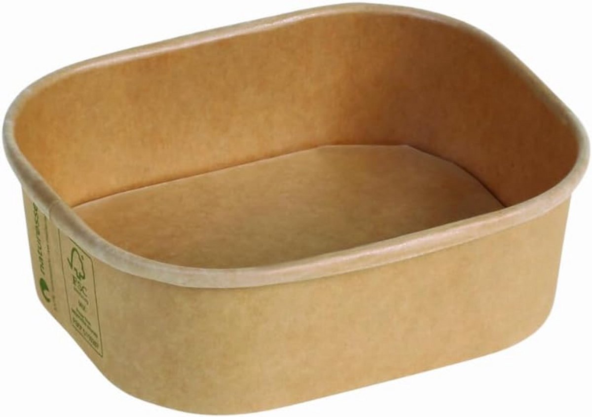 500x Vierkante Kraftkarton Saladekommen & Lunchboxen To Go - 375ml - Bruin & Recyclebaar