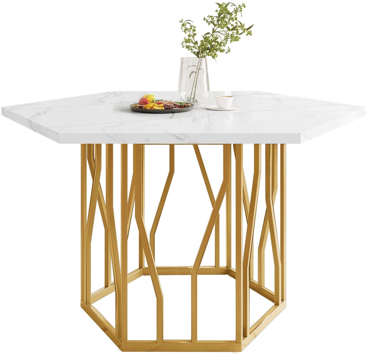 Merax Zeshoekige Eettafel - Marmerlook MDF Tafelblad - Goudkleurig Stalen Onderstel - Moderne Keukentafel - Voor Eetkamer en Woonkamer