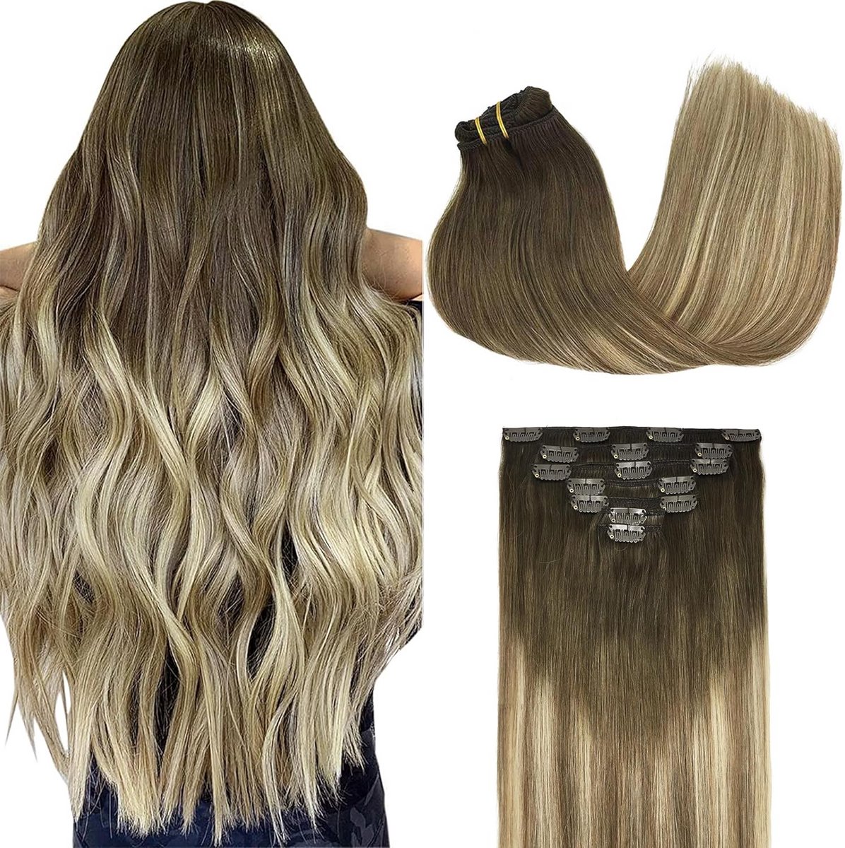 Echte Clip-in Haarverlengingen 40 cm - 7 Delen Grijsblonde Highlights