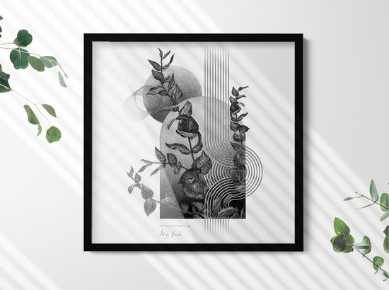 Zwart-wit illustratie met eucalyptusbladeren en geometrische vormen, in een zwarte lijst, bij een raam.