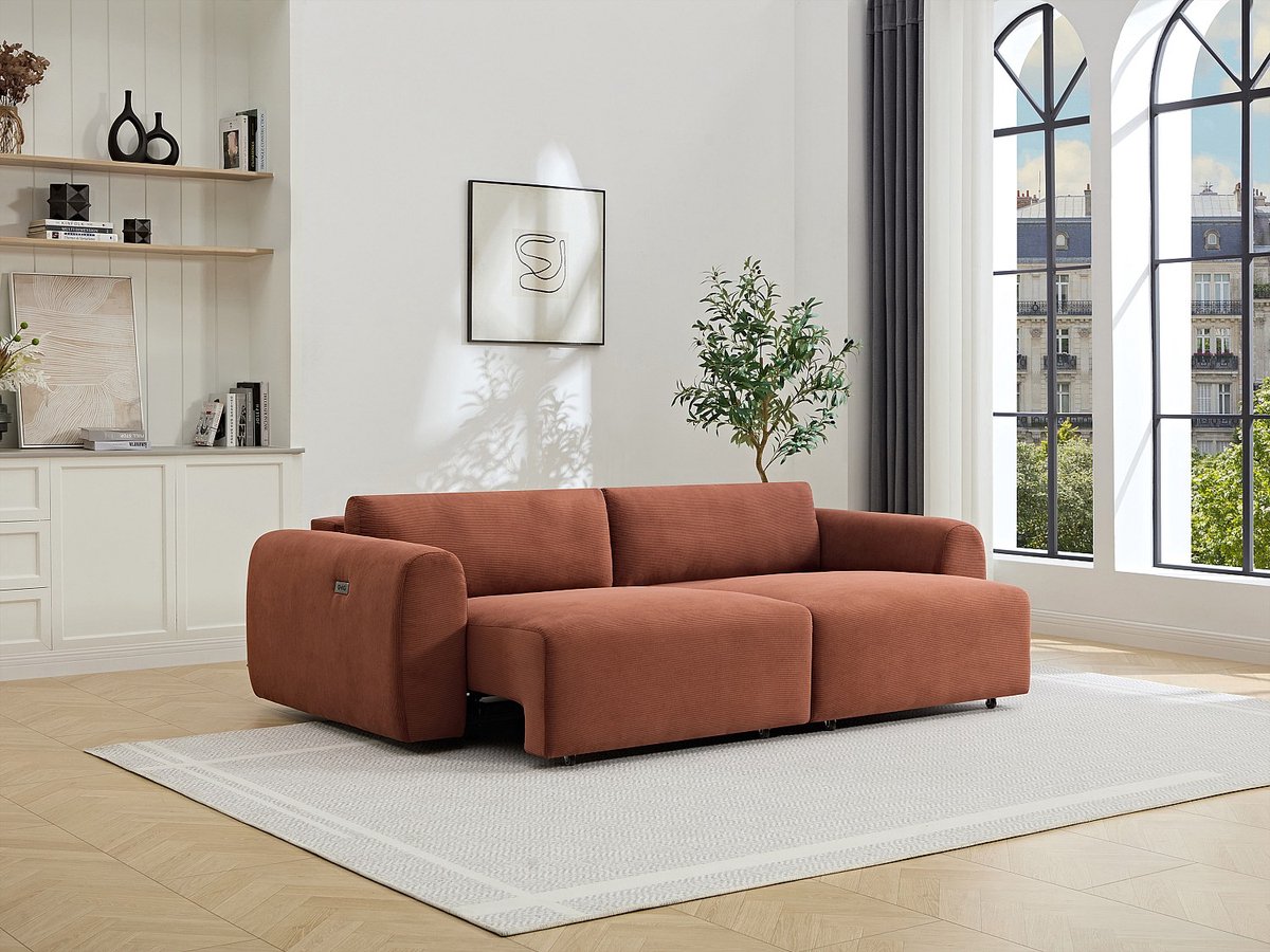 Vente-unique Vierzitsbank met elektrisch verschuifbare zitting in fijnribs fluweel terracotta PASTARO