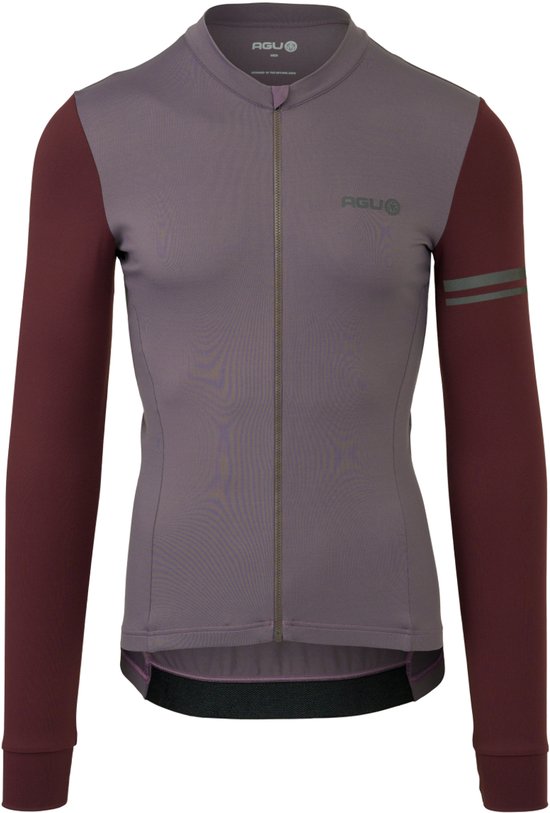 Voorkant van een fietsshirt met lange mouwen in paars en bordeauxrood, met AGU logo op de borst.
