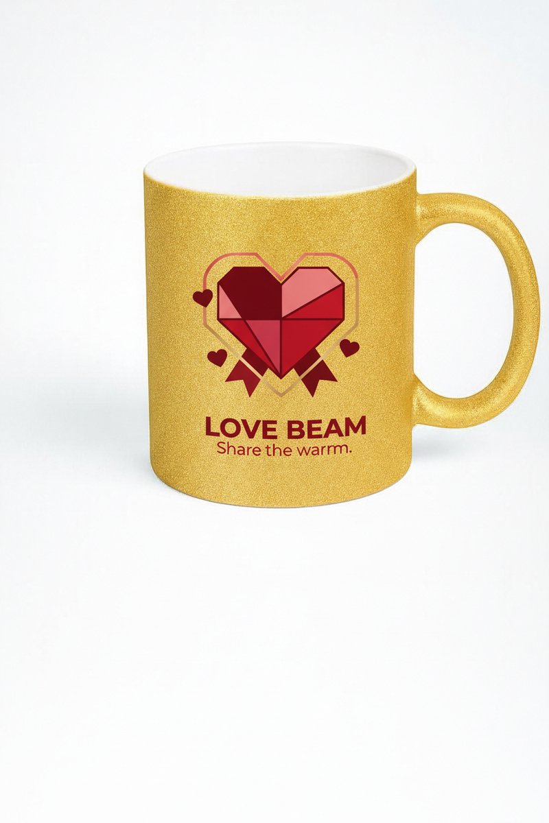 Gouden Glitter Mok met 'Love Beam' Hart Design - Valentijnscadeau Liefdesmok