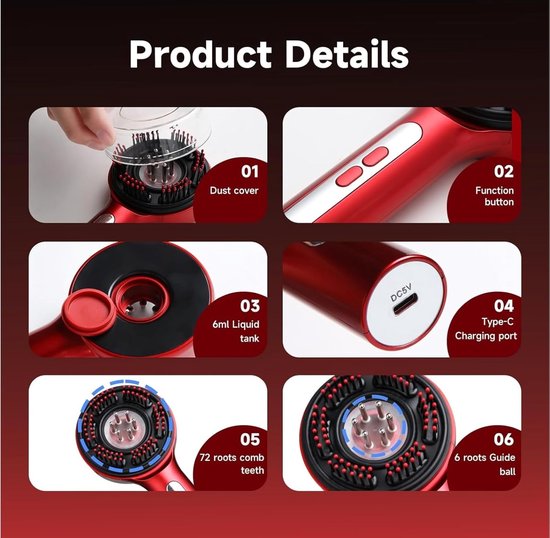 Productdetails van rood hoofdhuid massageapparaat: stofkap, functieknop, vloeistoftank, oplaadpoort, borstels, geleidebal.