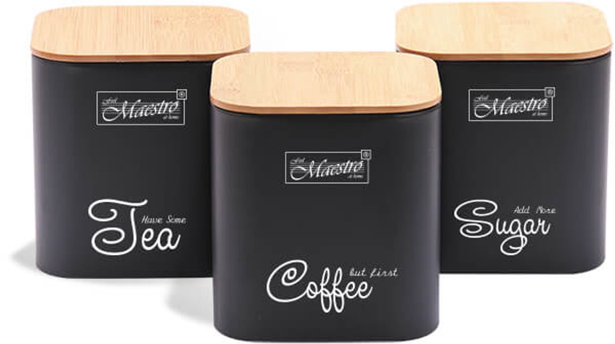 Maestro MR-1775-3S-BLACK Voorraadpotten Set - 3-Delig - Voor Koffie, Thee en Suiker - 1.3L - Koolstofstaal met Bamboe - Zwart