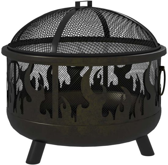 Zwarte metalen vuurkorf op drie poten met vlamuitsparingen, rond grillrooster en deksel.