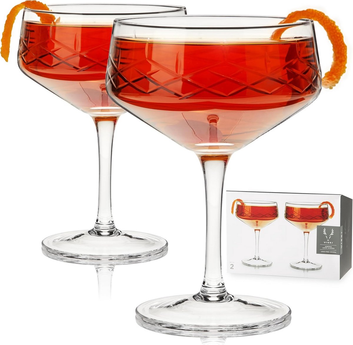 Set van 2 Loodvrije Kristallen Cocktailglazen Coupe met Steel