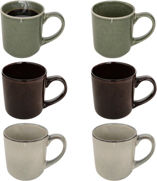 Set van zes mokken in de kleuren groen, bruin en grijs, met en zonder koffie.