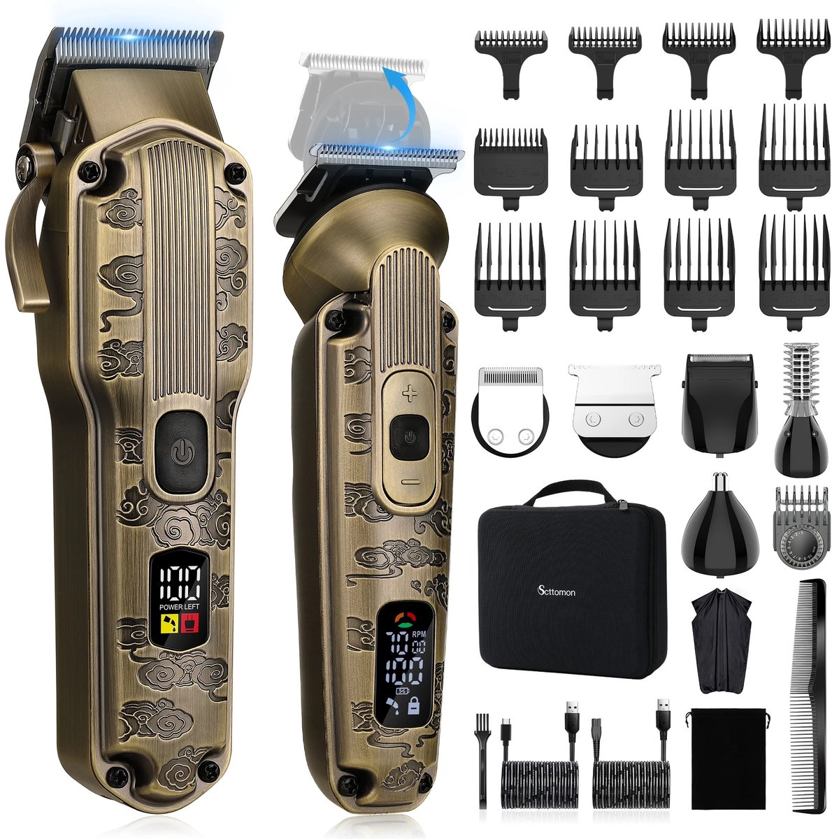 Tondeuse - Elektrische haartrimmer - Grooming kit - 12 opzetkammen - Tondeuses - Hoofdhaar - Brons - Mannen - Baardtrimmer