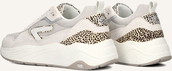 Achterkant van lichtbeige HUB sneakers met luipaardprint en een witte pijl.