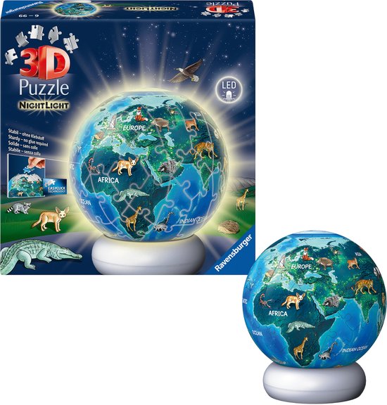 Ravensburger - Aarde met Diermotieven - 3D Puzzle-Ball Nachtlicht - 73 Stukjes van Merkloos — afbeelding 2