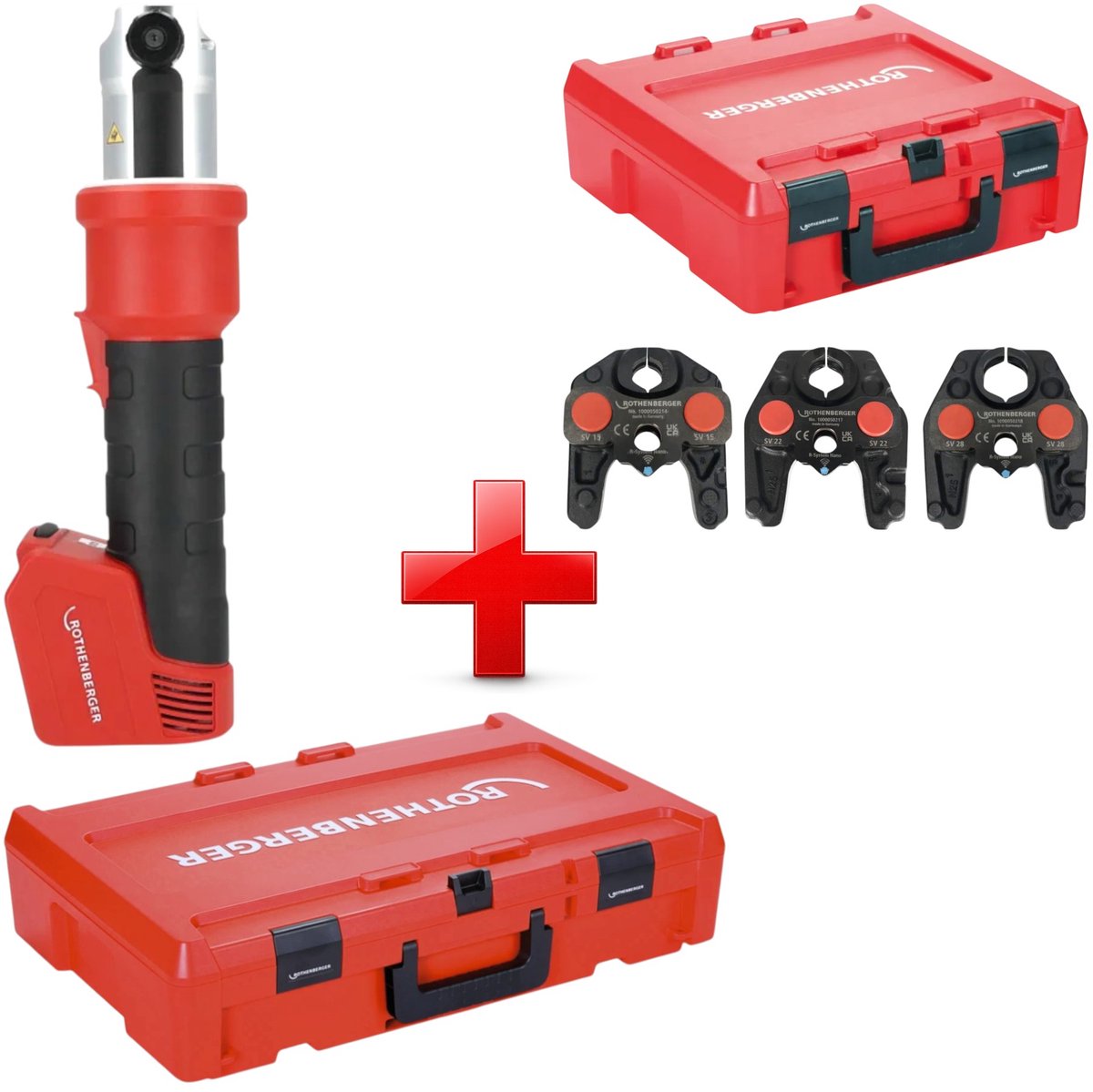 Rothenberger ROMAX NANO accu-persmachine 18 V 34 kN CAS + 3-delige SV-persbekkenset + Rocase - zonder accu, zonder oplader