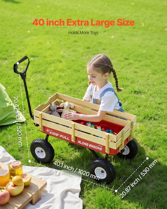 VEVOR Kinderhandkar, 102 CM, Transportkar met Duwstang, Gemaakt van Hout en Metaal, Max. 150 Kg Draagvermogen, Ideaal voor Kinderen Vanaf 5 Jaar, voor In De Tuin, Uitstapjes en op Het Strand, Rood en Zwart van Vevor — afbeelding 3