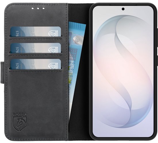 Zwart lederen telefoonhoesje, opengeklapt met telefoon en drie pasjes zichtbaar.