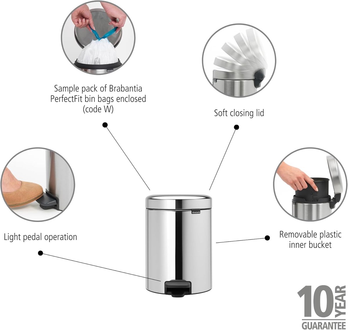 Pedaalemmer 5 liter Metallic Grijs - Casa Serena CleanSmart Luxe Badkamer & Kinderkamer Afvalemmer - Ronde Prullenbak met Pedaal - Zacht Sluitend & Geurdicht Deksel - Uit betaalbare Binnenemmer - 2...