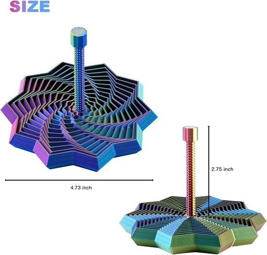 Multicolor metalen draaitol met een 8-puntige stervormige basis en een draadachtige steel. Afmetingen: 4.73 inch breed, 2.75 inch hoog.
