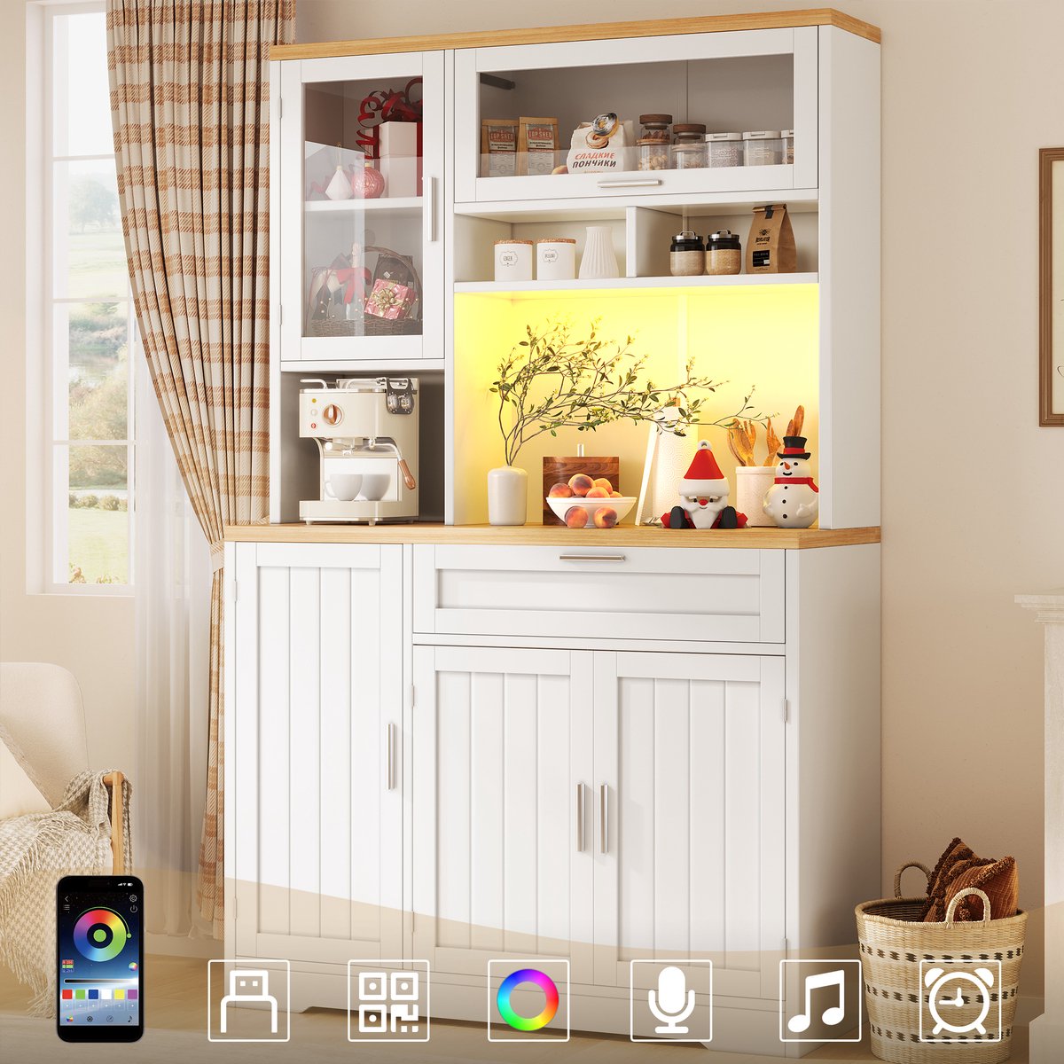 MODFU - Keukenkast Hoge Kast Met Ledverlichting - Usb-Aansluiting - Glazen Deuren - Mdf En Metaal - Wit - 104 X 40 X 180 Cm
