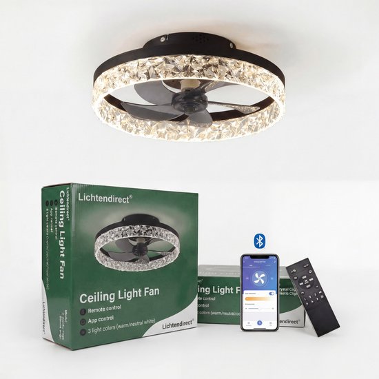 Lichtendirect- Plafondventilator met verlichting - Smart Lamp - 6 Standen Ventilator – Plafonniere Keuken Lamp - Woonkamerlamp - Dimbaar met afstandsbediening- APP functie- Zwart