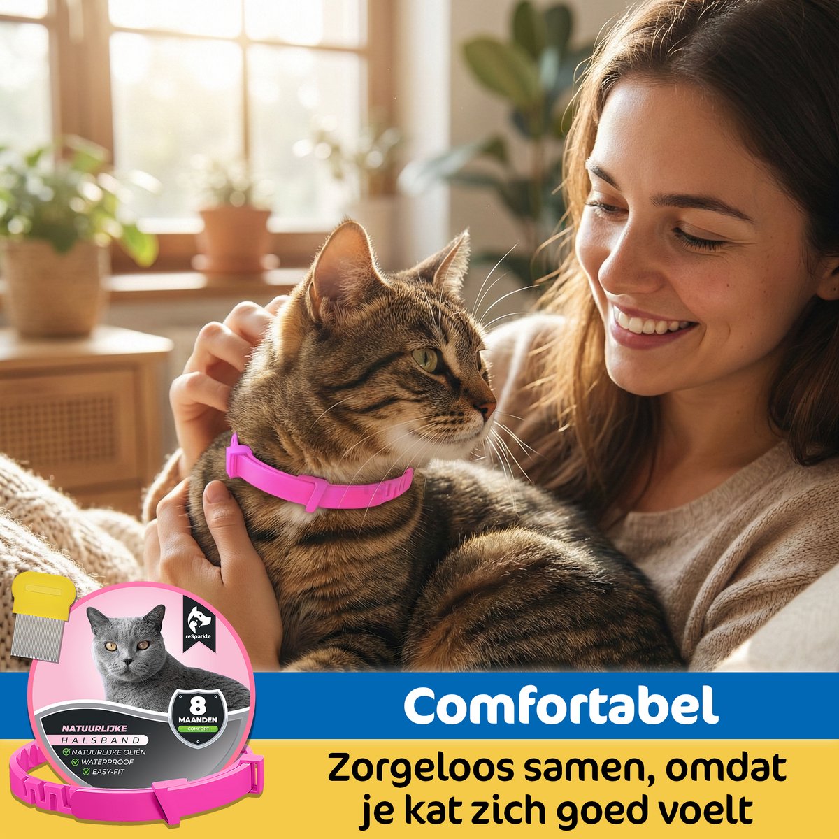 reSparkle Halsband Kat - Natuurlijk - Inclusief Vlooienkam - Roze – foto 2