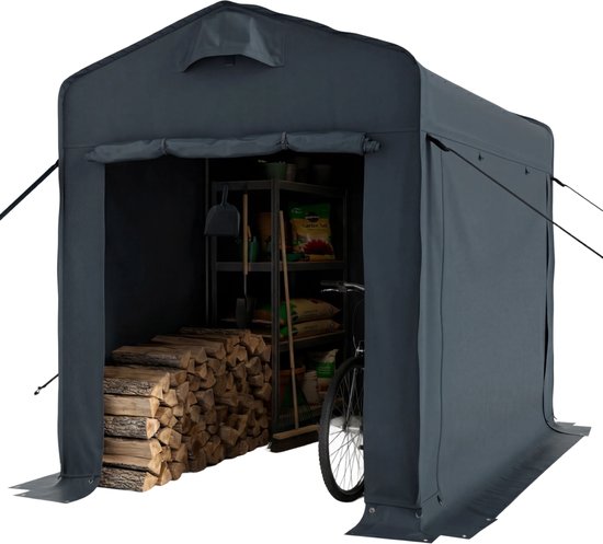 Grijze, opvouwbare tuinschuur met open deur, gevuld met hout, fiets en opbergplanken.