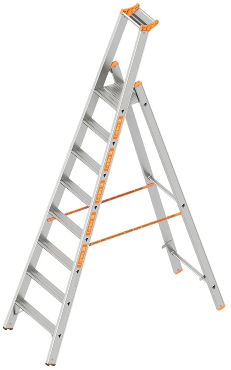 Layher Huishoudtrap Aluminium 8 Treden – Professionele Bordestrap met Werkplatform – Werkhoogte 3,9m – Lichtgewicht & Zeer Stabiel